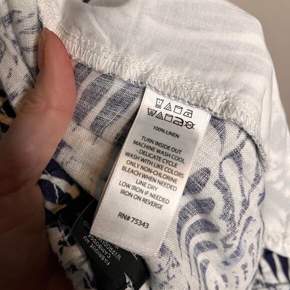 TAHARI navy/white leaf print 100% linen wide leg crop pull on pants size large - Picture 6 of 6